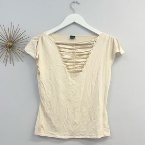 Distressed Y2K esque Caged V-neck Top William B Ivory S